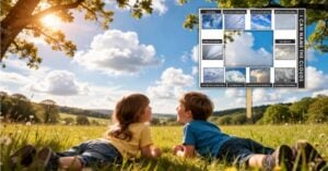 Two children lie on grass in a sunny field, using a cloud identification chart as one of their fun outdoor activities, learning to become nature identifiers while spotting different cloud types. Montessori Nature Printables