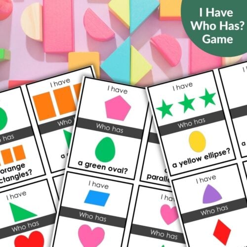 The 2D Shapes Colors I Have Who Has Math Game cards, showing colorful rectangles, ovals, stars, and pentagons, are displayed on a table alongside geometric blocks. Montessori Nature Printables