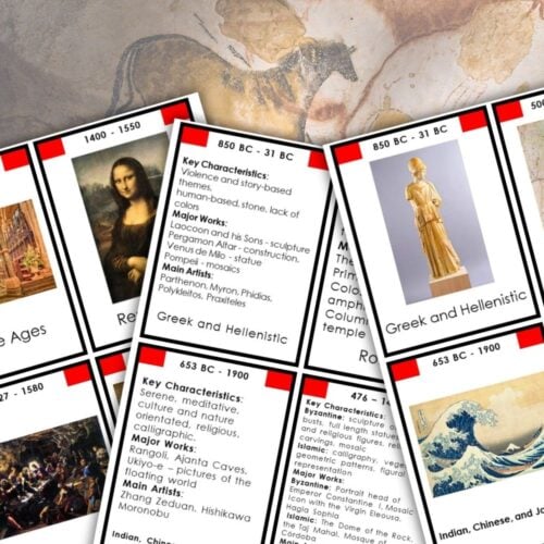The Art History Timeline 3-Part Cards display art history periods, key traits, dates, and artists alongside open books of Renaissance paintings, creating a comprehensive visual art history timeline. Montessori Nature Printables