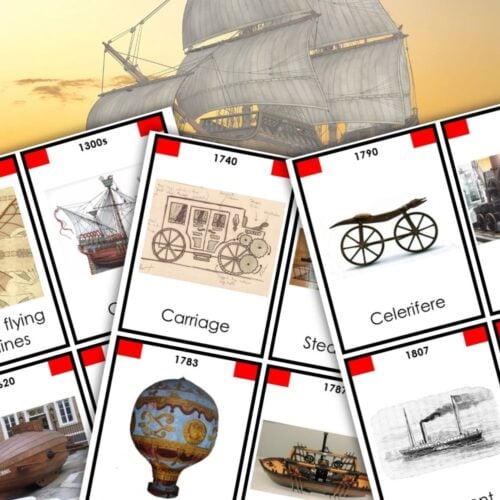 A close-up of the History of Transportation Timeline: 3 Part Cards, layered over an illustration of an old sailing ship. Montessori Nature Printables