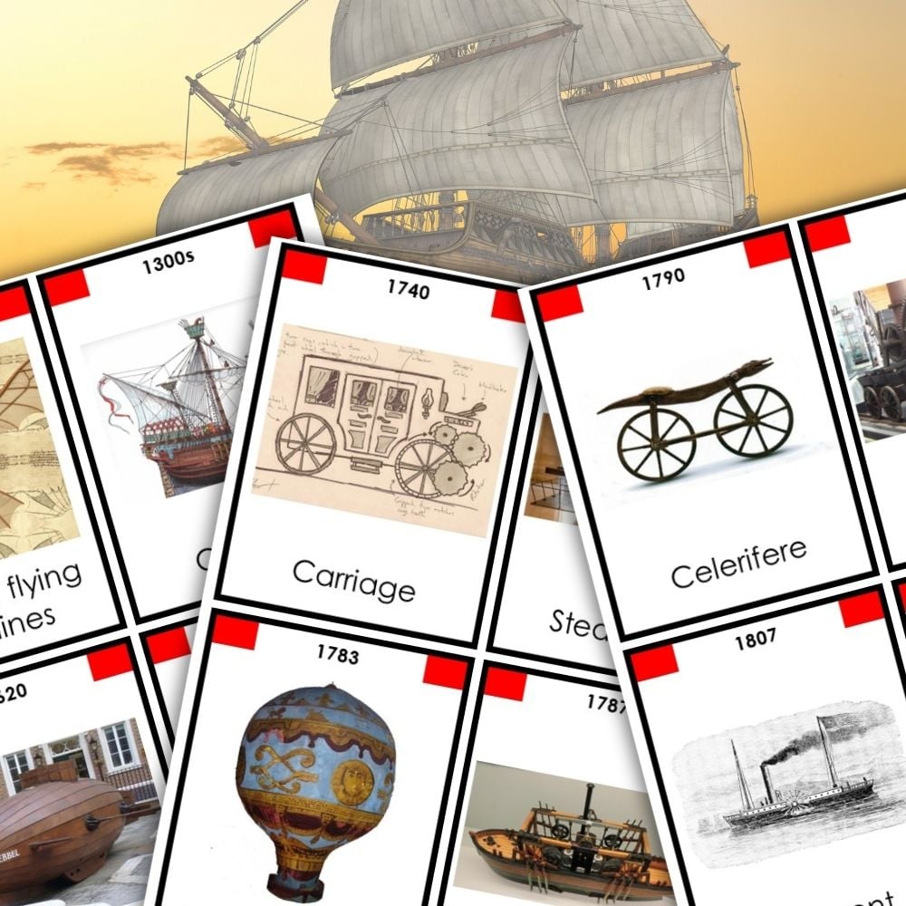 A close-up of the History of Transportation Timeline: 3 Part Cards, layered over an illustration of an old sailing ship. Montessori Nature Printables