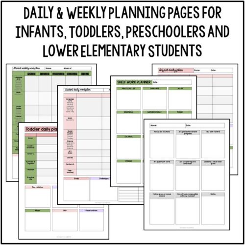 Editable Planner for Teachers With Yearly Updates features five daily and weekly planning worksheets for infants, toddlers, preschoolers, and lower elementary students—perfect for organizing your classroom with resources updated every year. Montessori Nature Printables