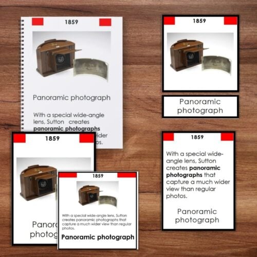 The History of Photography Timeline 3 Part Cards features a collage from an 1859 panoramic camera to modern digital cameras, with brief descriptions, sample photos, and interactive cards for engaging learning. Montessori Nature Printables