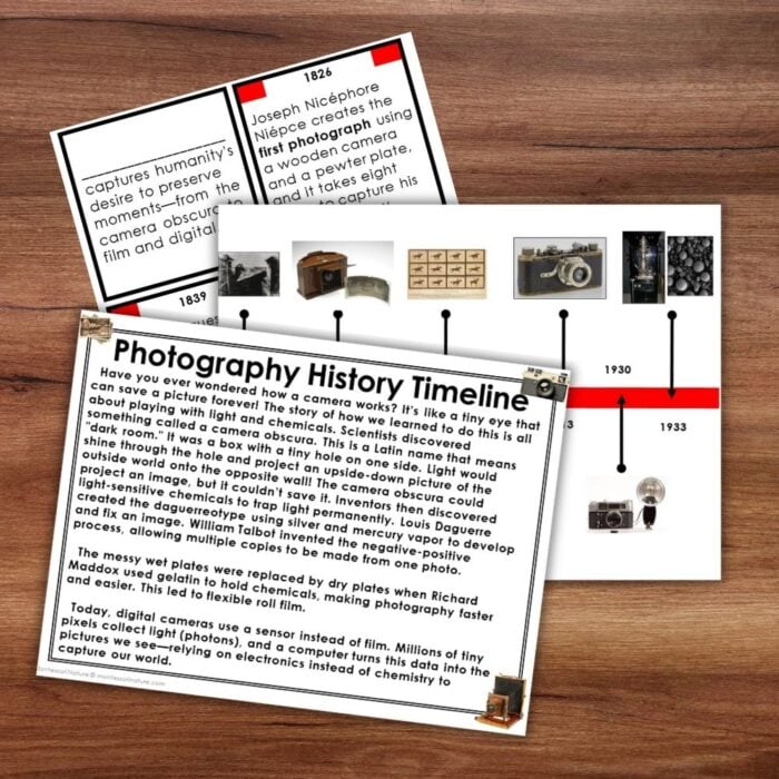 The History of Photography Timeline 3 Part Cards features a collage from an 1859 panoramic camera to modern digital cameras, with brief descriptions, sample photos, and interactive cards for engaging learning. Montessori Nature Printables