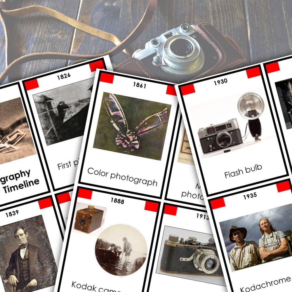 The History of Photography Timeline 3 Part Cards features a collage from an 1859 panoramic camera to modern digital cameras, with brief descriptions, sample photos, and interactive cards for engaging learning. Montessori Nature Printables