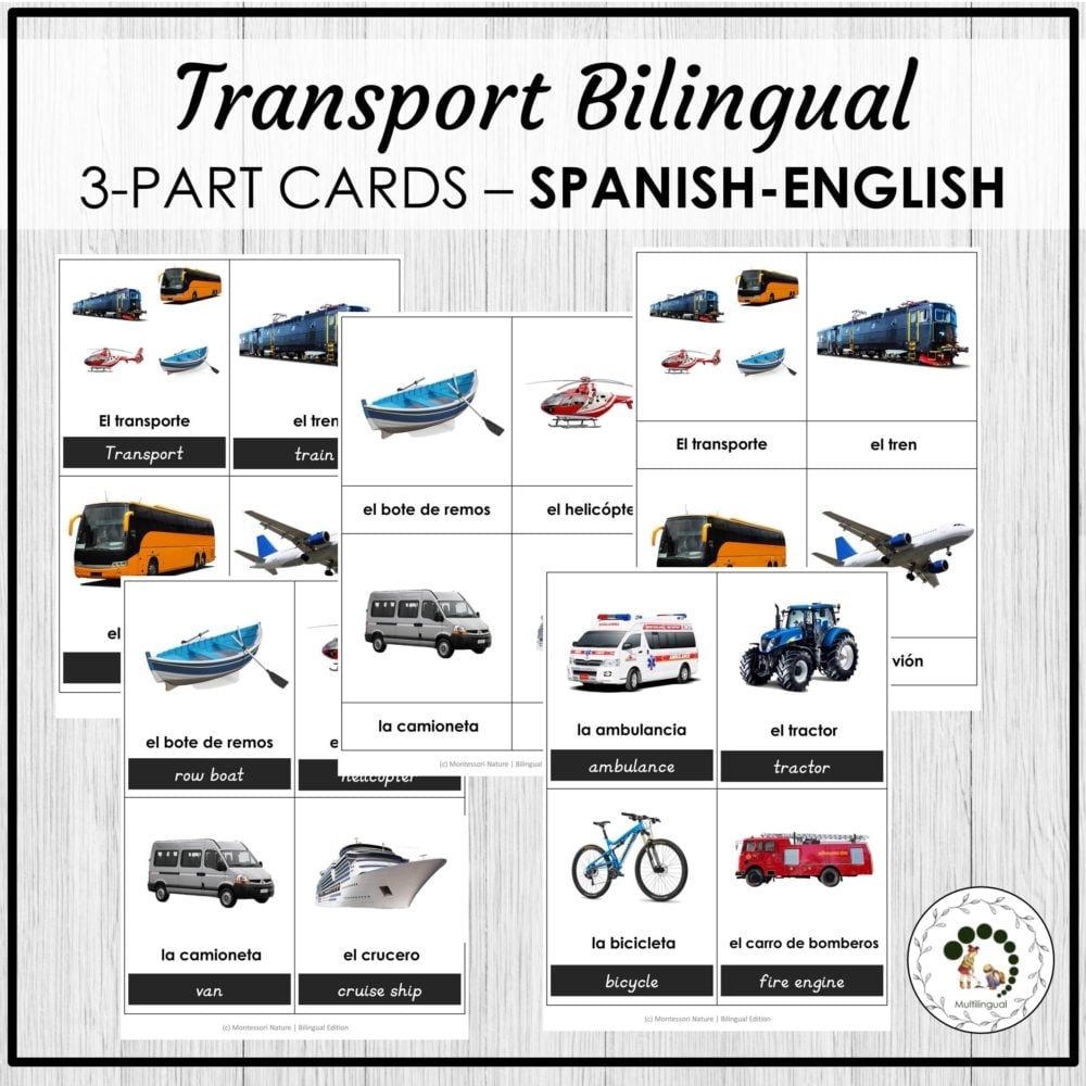 Transport Vocabulary 3 Part Cards Bilingual Spanish
