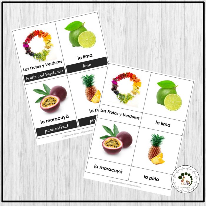 Las Frutas y Verduras 3 Part Cards feature bilingual images and Spanish words for lime, passionfruit, and pineapple, each with a vibrant fruit wreath. Ideal for teaching fruits and vegetables vocabulary!. Montessori Nature Printables