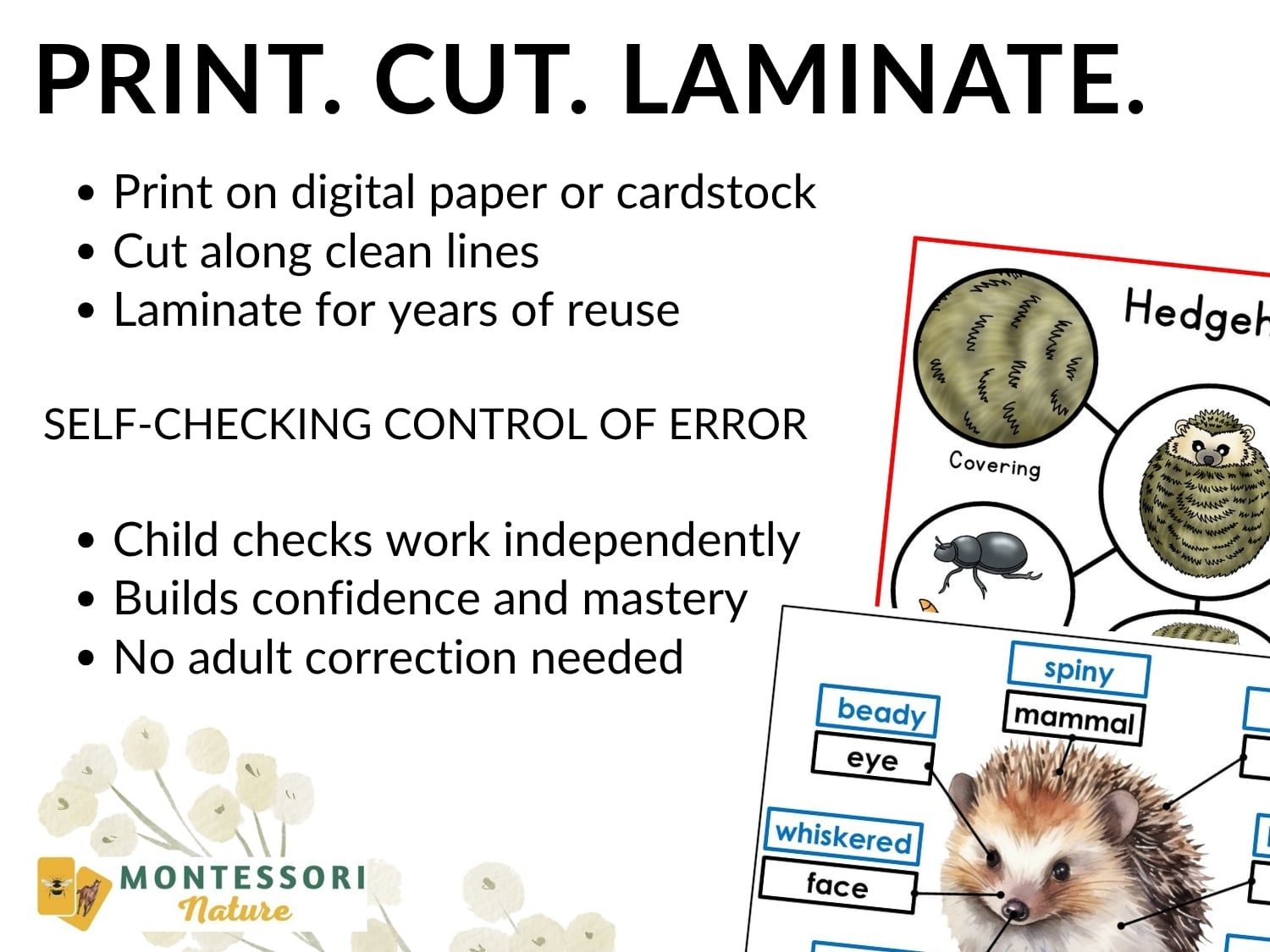 Parts of a Hedgehog Life Cycle Activities including instructions for printing, cutting, and laminating self-checking cards and worksheets detailing hedgehog anatomy. Montessori Nature Printable