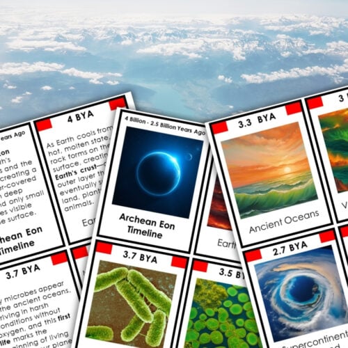 Aerial view of clouds above land with educational worksheets and Archean Eon Timeline Second Great Lesson 3-Part Cards Vocabulary—featuring illustrations and text about Earth's history, ideal for Montessori learning. Montessori Nature Printables