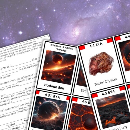 The Hadean Eon Timeline: 3-Part Cards Vocabulary set features printable educational cards and worksheets about the Hadean Eon displayed on a purple spiral galaxy background. Montessori Nature Printables