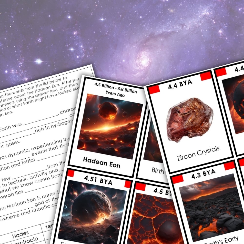 The Hadean Eon Timeline: 3-Part Cards Vocabulary set features printable educational cards and worksheets about the Hadean Eon displayed on a purple spiral galaxy background. Montessori Nature Printables
