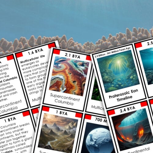 The Proterozoic Eon Timeline Second Great Lesson 3-Part Cards Vocabulary is displayed, featuring two illustrated timeline worksheets and vocabulary cards set against an underwater coral scene with sunlight streaming through the water. Montessori Nature Printables