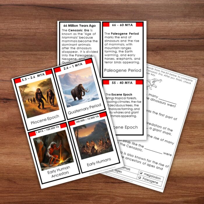 Four illustrated educational cards and a worksheet from the “Cenozoic Era Timeline Second Great Lesson Earth History 5 Part Cards” set are displayed on a wooden surface, highlighting Earth’s history from early civilizations to the Cenozoic Era. Montessori Nature Printable