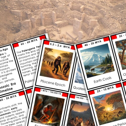 The Cenozoic Era Timeline Second Great Lesson 3-Part Cards feature educational materials with a detailed timeline, illustrations of prehistoric animals, and an ocean scene with a large prehistoric shark. Montessori Nature Printables