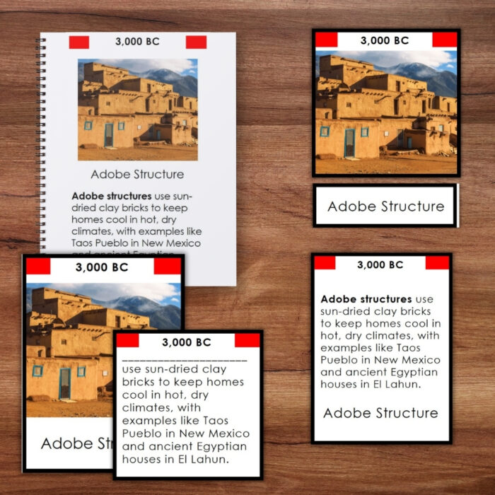 Shelter History Timeline: 5 Part Cards includes four educational cards and a booklet featuring images of adobe structures, with accompanying text that explains their use in hot, dry climates such as Taos Pueblo and ancient Egyptian houses. Perfect for exploring the topic of Shelter History, this set helps students understand architectural adaptations throughout history. Montessori Nature Printable