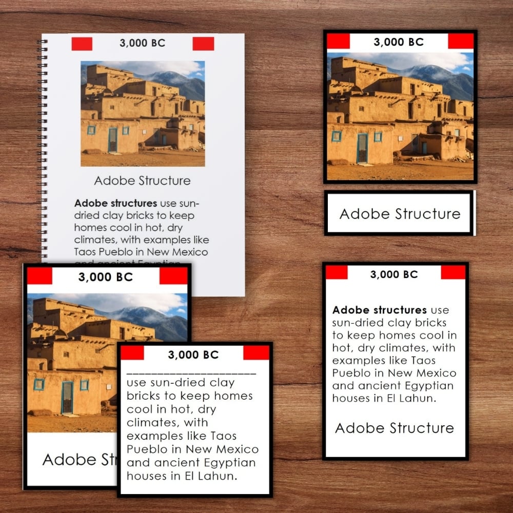 Shelter History Timeline: 5 Part Cards includes four educational cards and a booklet featuring images of adobe structures, with accompanying text that explains their use in hot, dry climates such as Taos Pueblo and ancient Egyptian houses. Perfect for exploring the topic of Shelter History, this set helps students understand architectural adaptations throughout history. Montessori Nature Printable