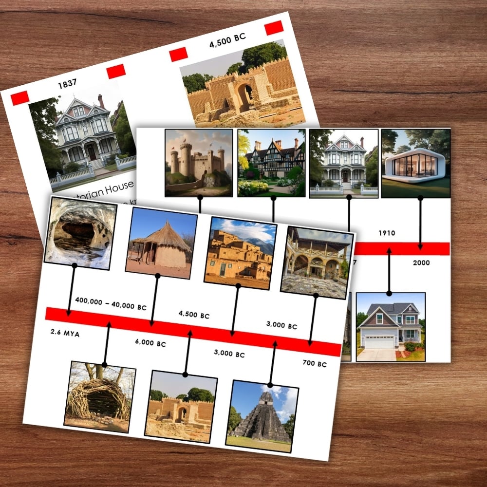 Featuring the “Shelter History Timeline: 5 Part Cards,” two timeline charts displayed on a wooden surface beautifully showcase the evolution of shelter, presenting images of various architectural styles from prehistoric huts to modern homes. Montessori Nature Printable