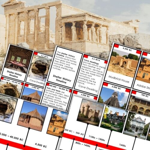 The Shelter History Timeline: Fundamental Need of Humans shows a collage of images and text cards about ancient shelters—buildings, caves, huts—with a cityscape backdrop, illustrating how human shelter needs have been met through history. Montessori Nature Printables