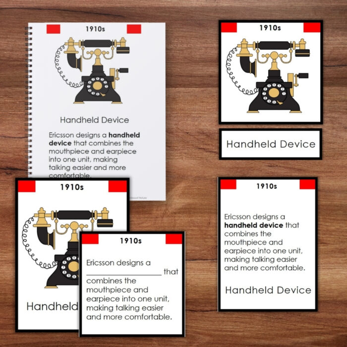 Five cards from the Telegraph and Phone History Timeline: 5 Part Cards set feature an illustration of an early 1900s telephone, with accompanying text describing Ericsson’s invention of the handheld device in the 1910s—offering a fascinating glimpse into phone history along this remarkable timeline. Montessori Nature Printable