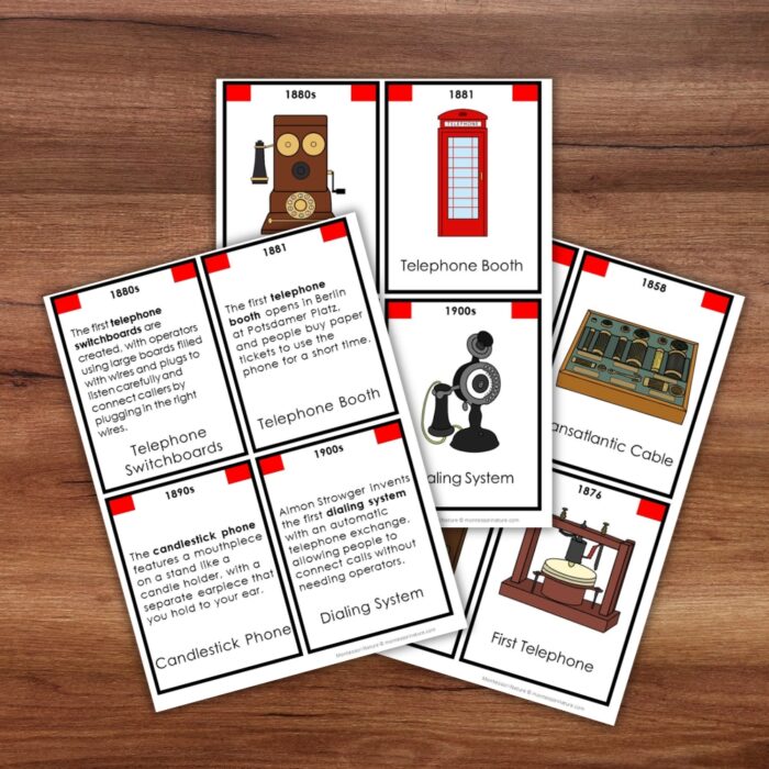Five illustrated cards from the “Telegraph and Phone History Timeline: 5 Part Cards” set, featuring inventions such as switchboards, phone booths, dial systems, the transatlantic cable, the telegraph, and candlestick phones—arranged on a wooden surface to form a visual timeline of telecommunication history. Montessori Nature Printable