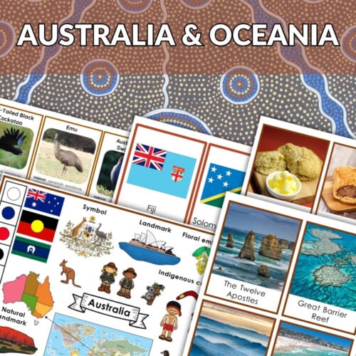 The Australia Oceania Continent Bundle includes educational materials and activities like maps, animal cards, flags, and themed worksheets about Australia and Oceania. Montessori Nature Printables