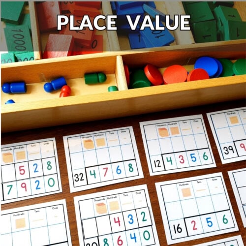 Six sets of Place Value Math Bundle Addition Subtraction Division Multiplication Operation Cards are displayed on a wooden surface, with an illustrated child and blocks at the bottom right; text reads "PLACE VALUE MATH BUNDLE. Montessori Nature Printables
