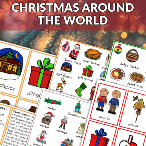 The Christmas Around the World Bundle includes assorted holiday-themed worksheets and flashcards with Christmas, food, and cultural images—ideal for festive activities—overlaid with a red "BUNDLE OFFER" banner. Montessori Nature Printables