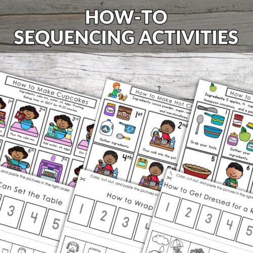 The How-To Sequencing Cards: Practical Life Bundle features illustrated, step-by-step cards for kids on practical life topics like making cupcakes and wrapping gifts, with a "BUNDLE OFFER" banner shown in the corner. Montessori Nature Printables