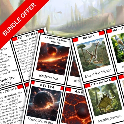 The Earth History Timeline Bundle features educational science cards on the Hadean Eon, Paleozoic Era, and early life forms with a red "Bundle Offer" banner, vivid prehistoric landscapes, and an engaging timeline of Earth's history. Montessori Nature Printables