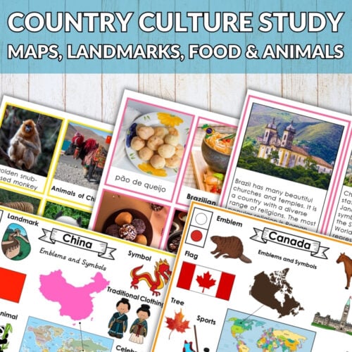 Collage featuring educational cards on Brazil and Canada, a South America map, food and animal highlights, and a banner for "Maps Landmarks Food & Animals: The Country Culture Bundle" on a vibrant background. Montessori Nature Printables