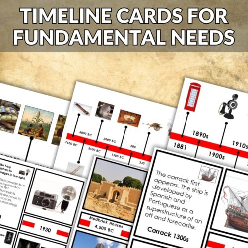 A collage of "Timeline Cards for Fundamental Needs: History Bundle" features historical events, inventions, and images, with a red "BUNDLE OFFER" banner placed diagonally across the top left corner. Montessori Nature Printables