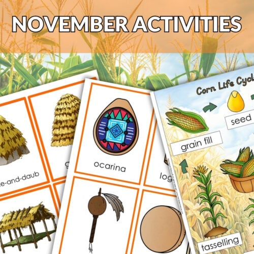 The November Bundle includes three illustrated educational worksheets on early dwellings, musical instruments, and the corn life cycle, all set against a cornfield background with a "November Bundle" banner. Montessori Nature Printables