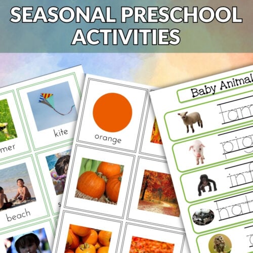 Collage of preschool seasonal activity materials—matching cards, nature walks, nesting doll crafts, and hands-on counting. Features "Seasonal Activities Year Round Kindergarten Bundle" text—ideal for year-round or kindergarten use. Montessori Nature Printables