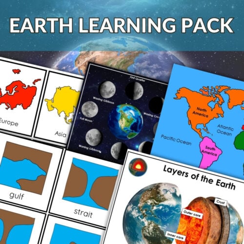 The "All About the Earth: Continents Land & Water Forms Moon's Phases Layers Bundle" includes educational materials on geography, continents, oceans, landforms, Earth's layers, and moon phases. Features a Bundle Offer banner and an inspiring Earth from space image. Montessori Nature Printables