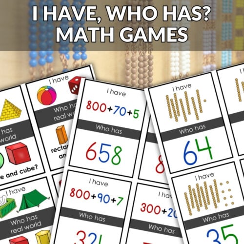 A promo image for the I Have Who Has Math Games Bundle displays place value cards with numbers, math expressions, bead visuals, and game elements, topped by a red "BUNDLE OFFER" banner. Montessori Nature Printables