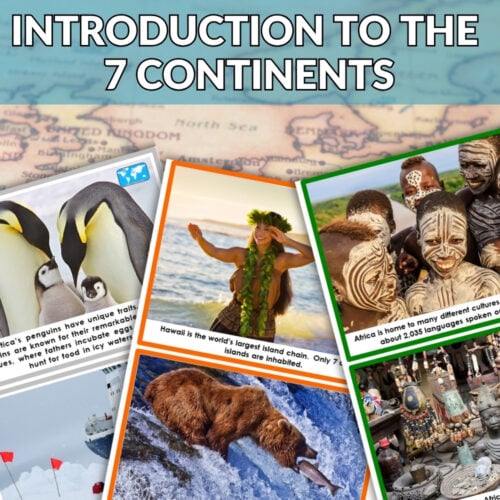 The Continents Introductory Cards Bundle showcases penguins, a Hawaiian dancer, African people in traditional dress, a bear catching a fish, global artifacts, and a red "BUNDLE OFFER" banner. Montessori Nature Printables