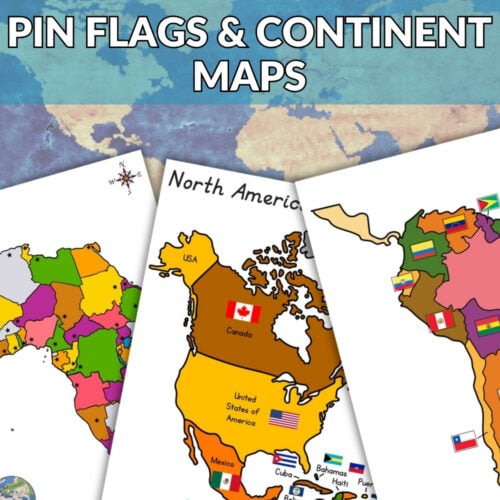 The Pin Flags and Maps of the Continents: Bundle features three vibrant illustrated continent maps with Pin Flags on North and South America, all set against a world map background with a bold red “Bundle Offer” banner. Montessori Nature Printables