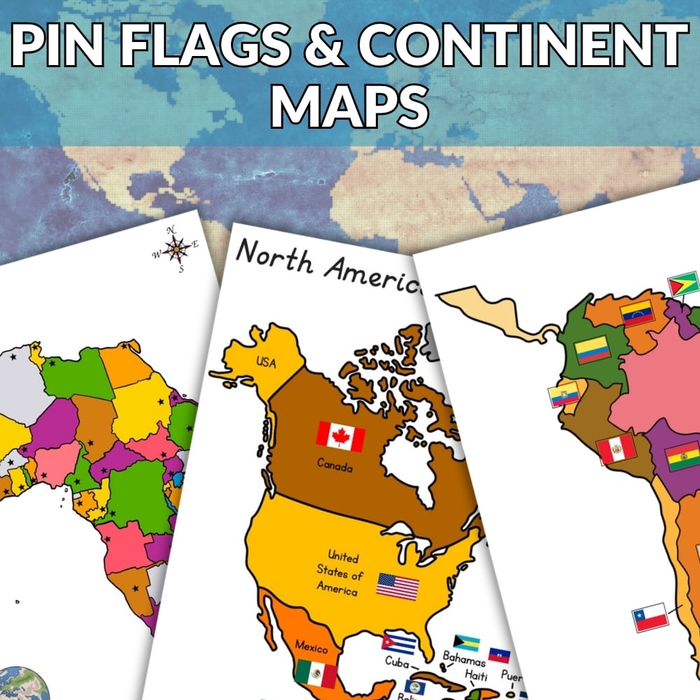 The Pin Flags and Maps of the Continents: Bundle features three vibrant illustrated continent maps with Pin Flags on North and South America, all set against a world map background with a bold red “Bundle Offer” banner. Montessori Nature Printables