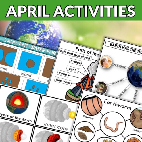 The April Bundle features a collage of educational Earth science worksheets with diagrams of landforms, Earth's layers, earthworms, and volcano parts, all highlighted by an âApril Bundleâ offer banner. Montessori Nature Printables