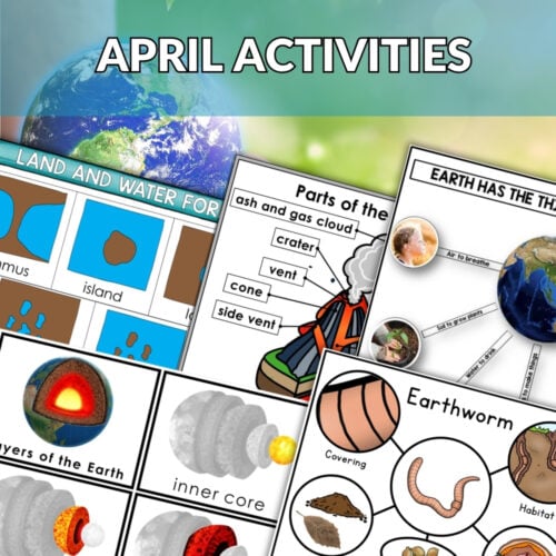 The April Bundle features a collage of educational Earth science worksheets with diagrams of landforms, Earth's layers, earthworms, and volcano parts, all highlighted by an “April Bundle” offer banner. Montessori Nature Printables