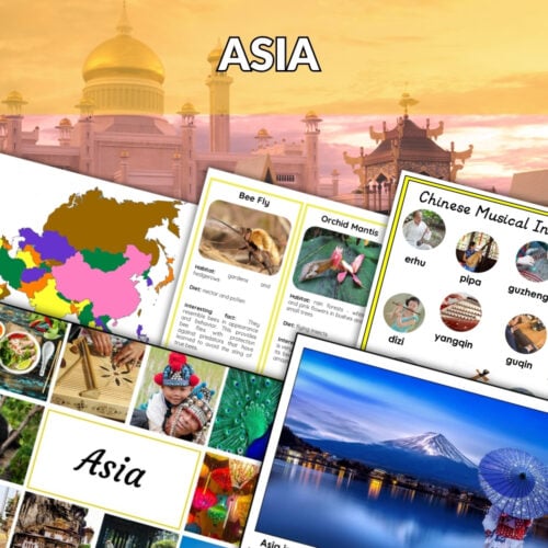 A collage displays printable educational resources from the Asia Continent Bundle, including a map, animal cards, flags, photos, and classroom activities—all labeled "Asia Continent Bundle. Montessori Nature Printables
