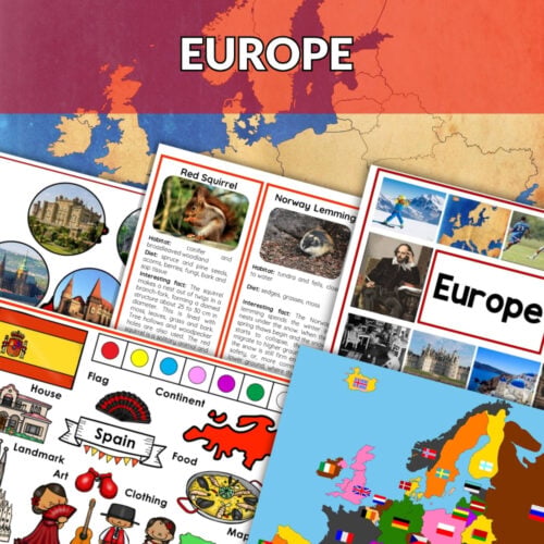 Collage of printable Europe Continent Bundle with Montessori activities—maps, flags, animals, landmarks, art, and vocabulary cards—featuring "Europe Continent Bundle" text. Montessori Nature Printables