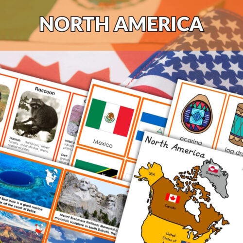 Collage of North America learning activities—maps, cards, worksheets, and images for kids. Text: "North America Continent Bundle - Learning Activities. Montessori Nature Printables
