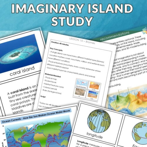 The Imaginary Island Study Geography Bundle includes worksheets on biomes, coral islands, and ocean currents with diagrams, activities, and an "Imaginary Island" section. A red "BUNDLE OFFER" banner appears on the top left corner. Montessori Nature Printables