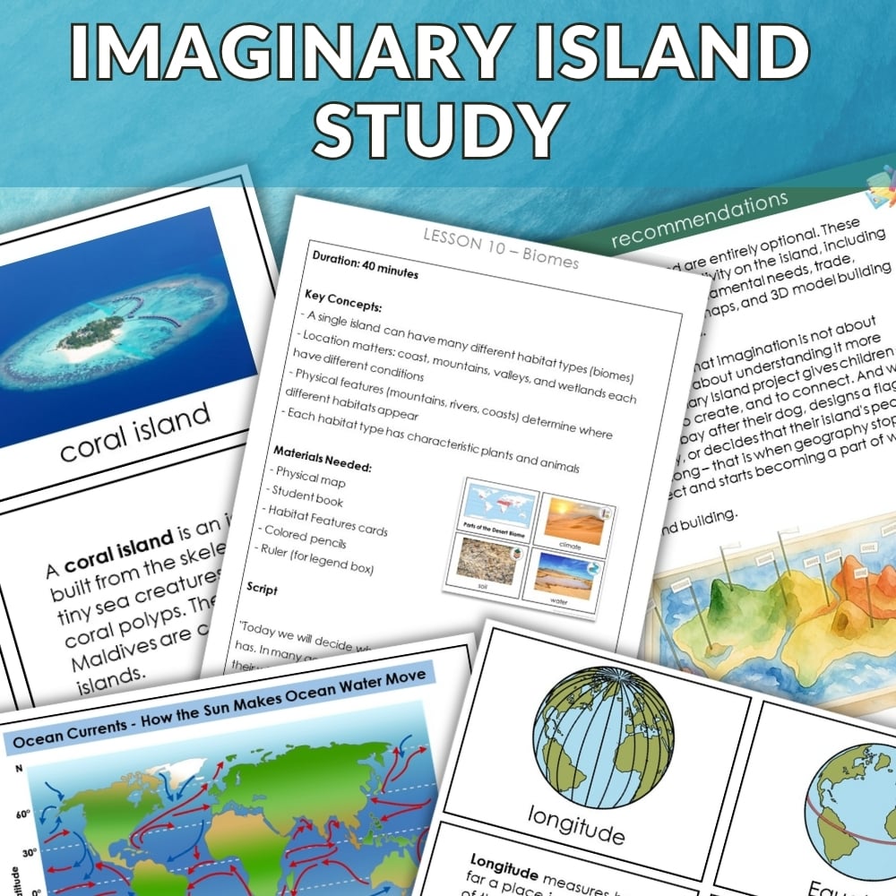 The Imaginary Island Study Geography Bundle includes worksheets on biomes, coral islands, and ocean currents with diagrams, activities, and an "Imaginary Island" section. A red "BUNDLE OFFER" banner appears on the top left corner. Montessori Nature Printables