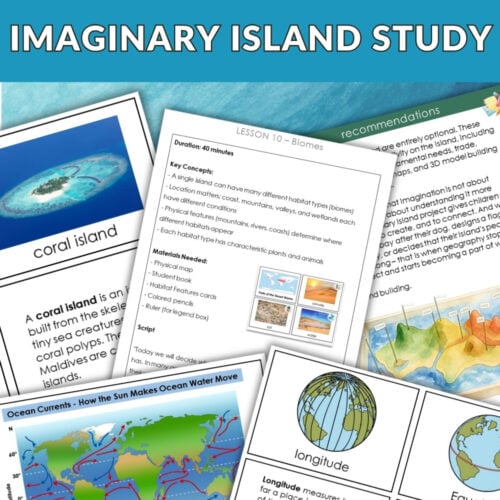 The Imaginary Island Study Geography Bundle includes worksheets on biomes, coral islands, and ocean currents with diagrams, activities, and an "Imaginary Island" section. A red "BUNDLE OFFER" banner appears on the top left corner. Montessori Nature Printables