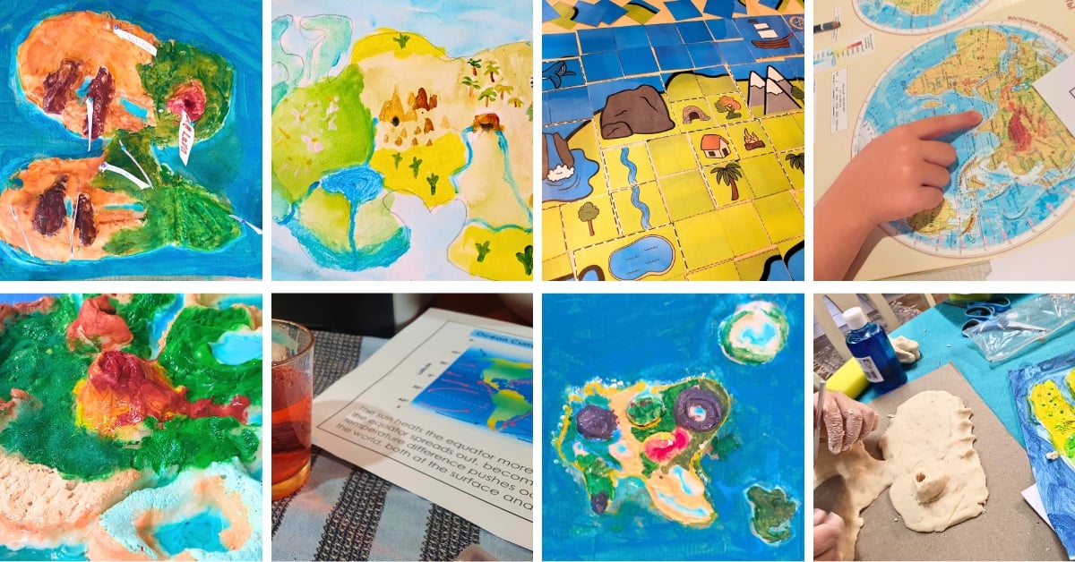 Eight images show children creating and examining colorful maps, models, and crafts representing landforms and geographic features with various art materials and educational tools as part of a hands on geography or Imaginary Island Study. Montessori Nature Printable