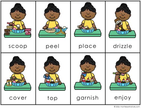 A girl demonstrates the eight steps of preparing a banana split—scoop, peel, place, drizzle, cover, top, garnish, and enjoy—each with its own illustrated image on the How to Make a Banana Split Recipe Cards. These easy-to-follow cards guide you through every step to create a delicious banana split from start to finish. Montessori Nature Printable