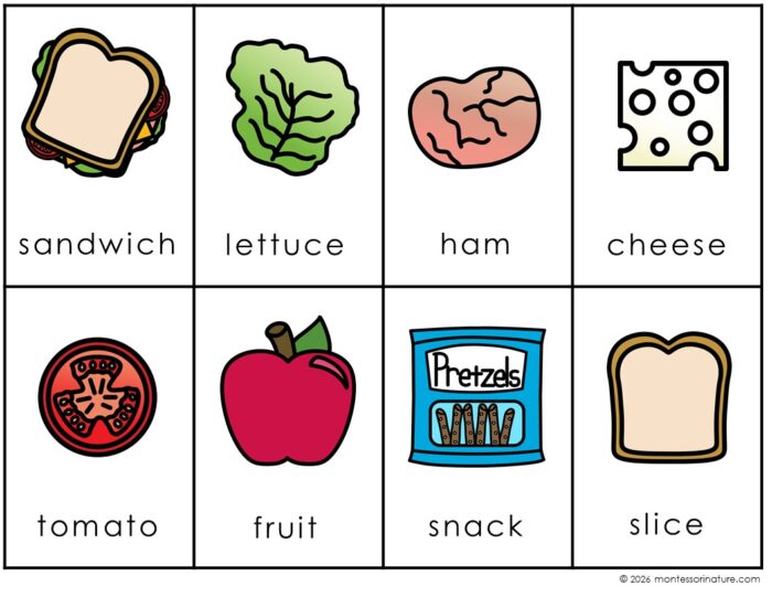 Eight illustrated food items—sandwich, lettuce, ham, cheese, tomato, fruit, pretzels labeled “snack,” and a plain slice of bread—appear in a grid with clear labels. The How to Make and Pack a Sandwich Lunch Daily Routine Chores product is perfect for teaching children the steps involved in packing their own lunch or making a sandwich as part of their daily routine. Montessori Nature Printable