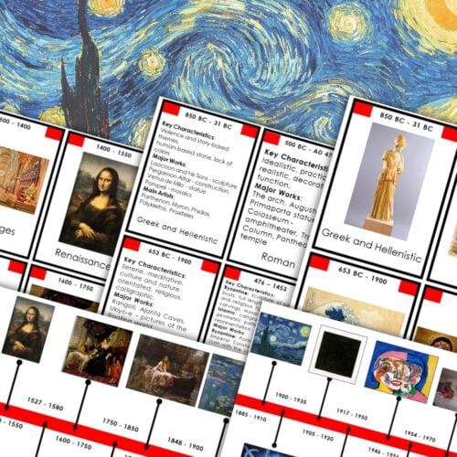 The Art History Timeline 3-Part Cards display art history periods, key traits, dates, and artists alongside open books of Renaissance paintings, creating a comprehensive visual art history timeline. Montessori Nature Printables